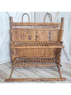 VTG Bamboo Folding Shelf 2 Tier Plus Towel Bar Holder Wall Hanging 18"Hx18"Wx6"D